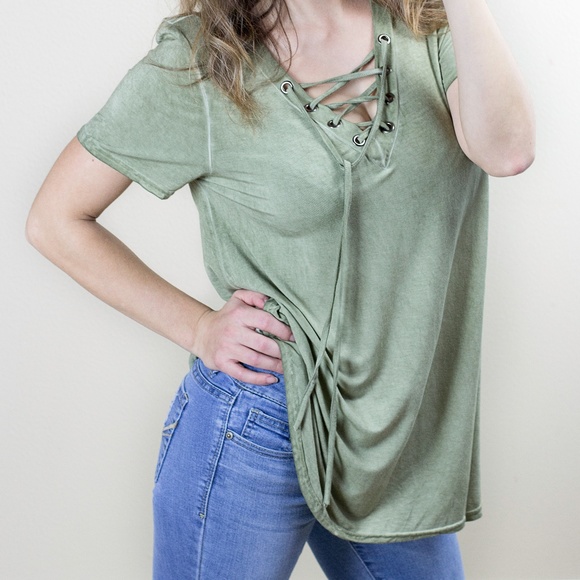 SOLD!!!! Becca Mineral Wash Green Lace-Up Tee - Picture 2 of 3